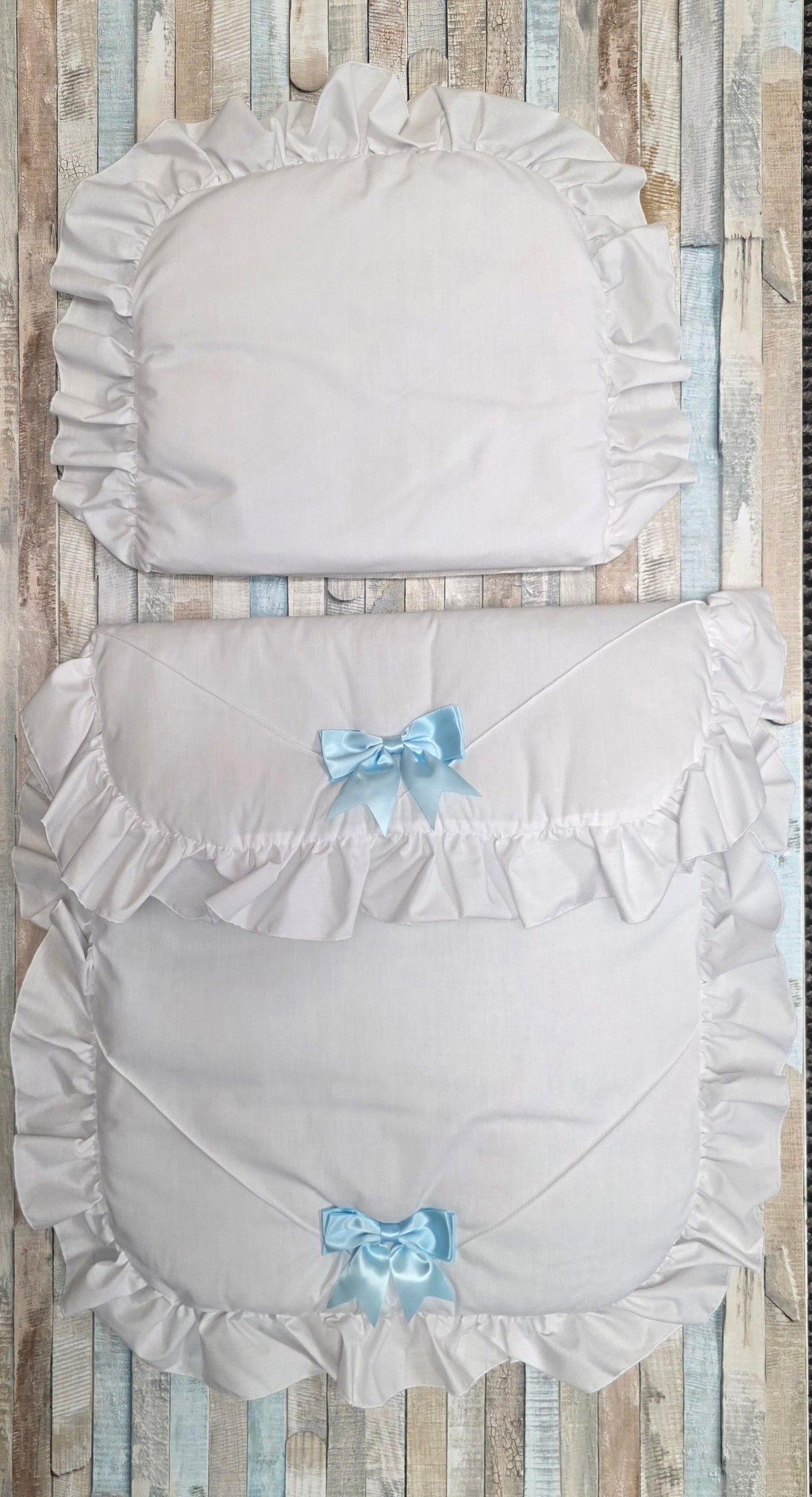 Baby Boys White Frill 2 Blue Satin Bow Pram Set