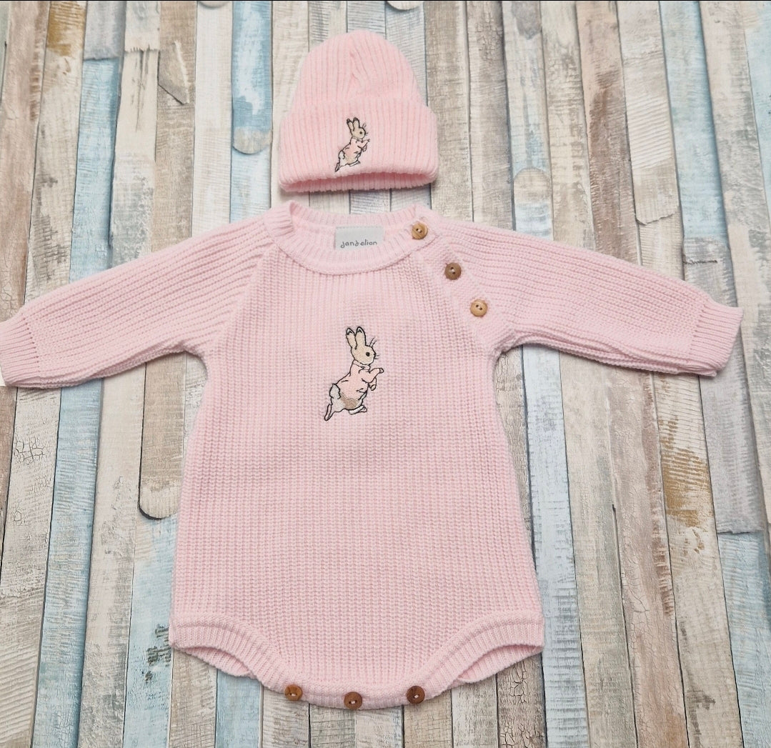 Baby Girls Pink Knitted Rabbit Romper And Beanie Hat