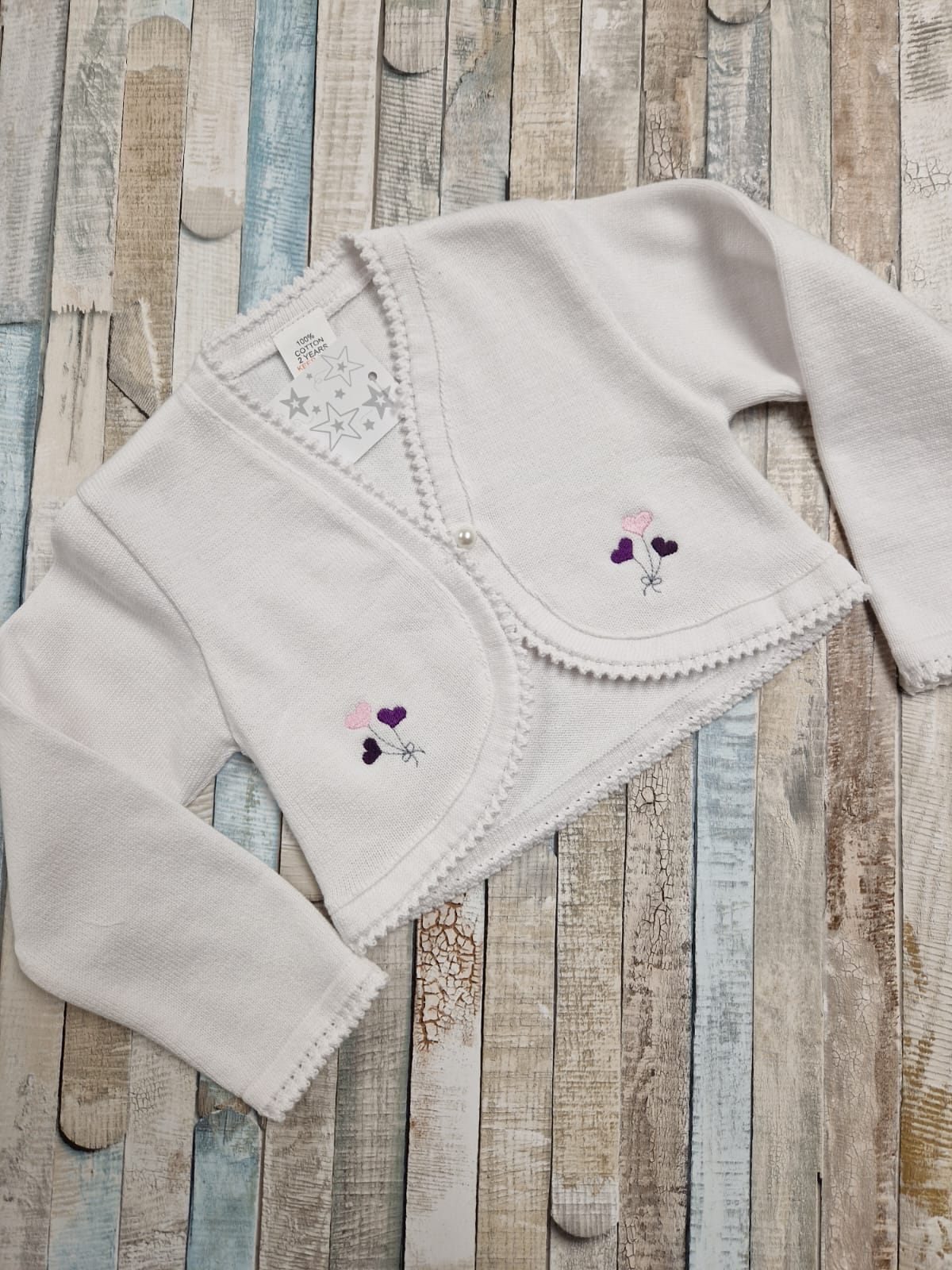 Baby Girls White Bolero Cardigan Embroidered With Lilac Balloon Design