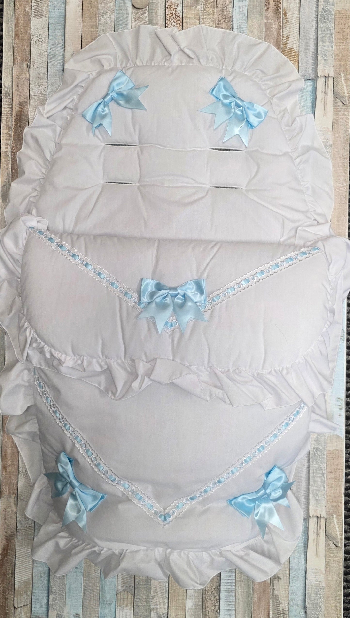 Baby Boys White Frill Universal Pushchair Footmuff/ Cosytoes With 5 Blue Satin Bow