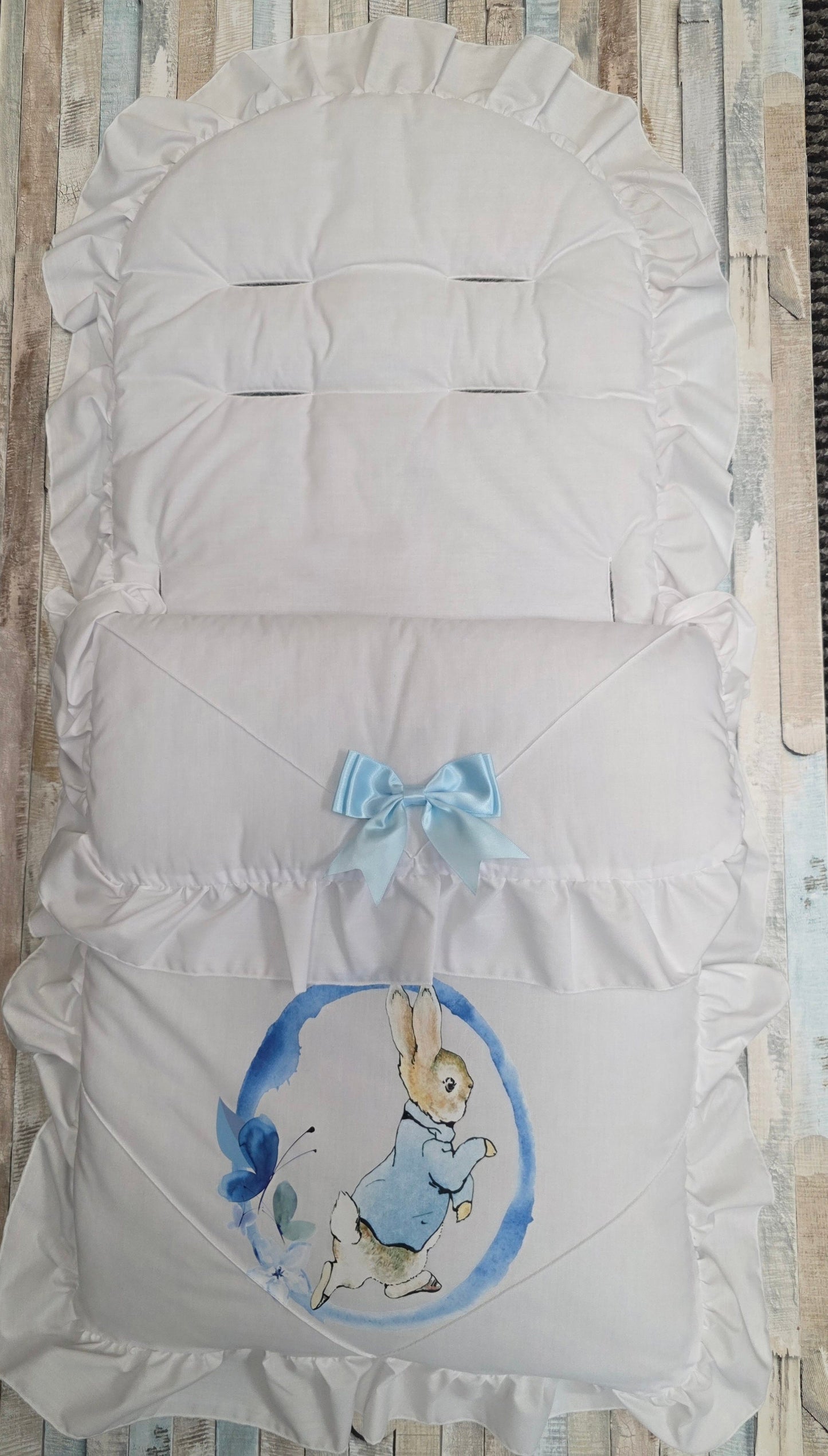 Baby Boys White Universal Pushchair Footmuff/Cosytoes With Blue Printed Rabbit