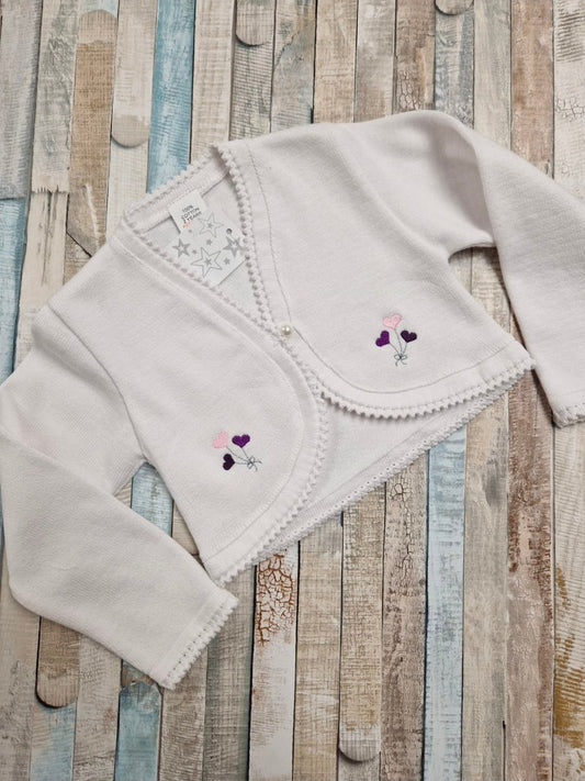 Baby Girls White Bolero Cardigan Embroidered With Lilac Balloon Design