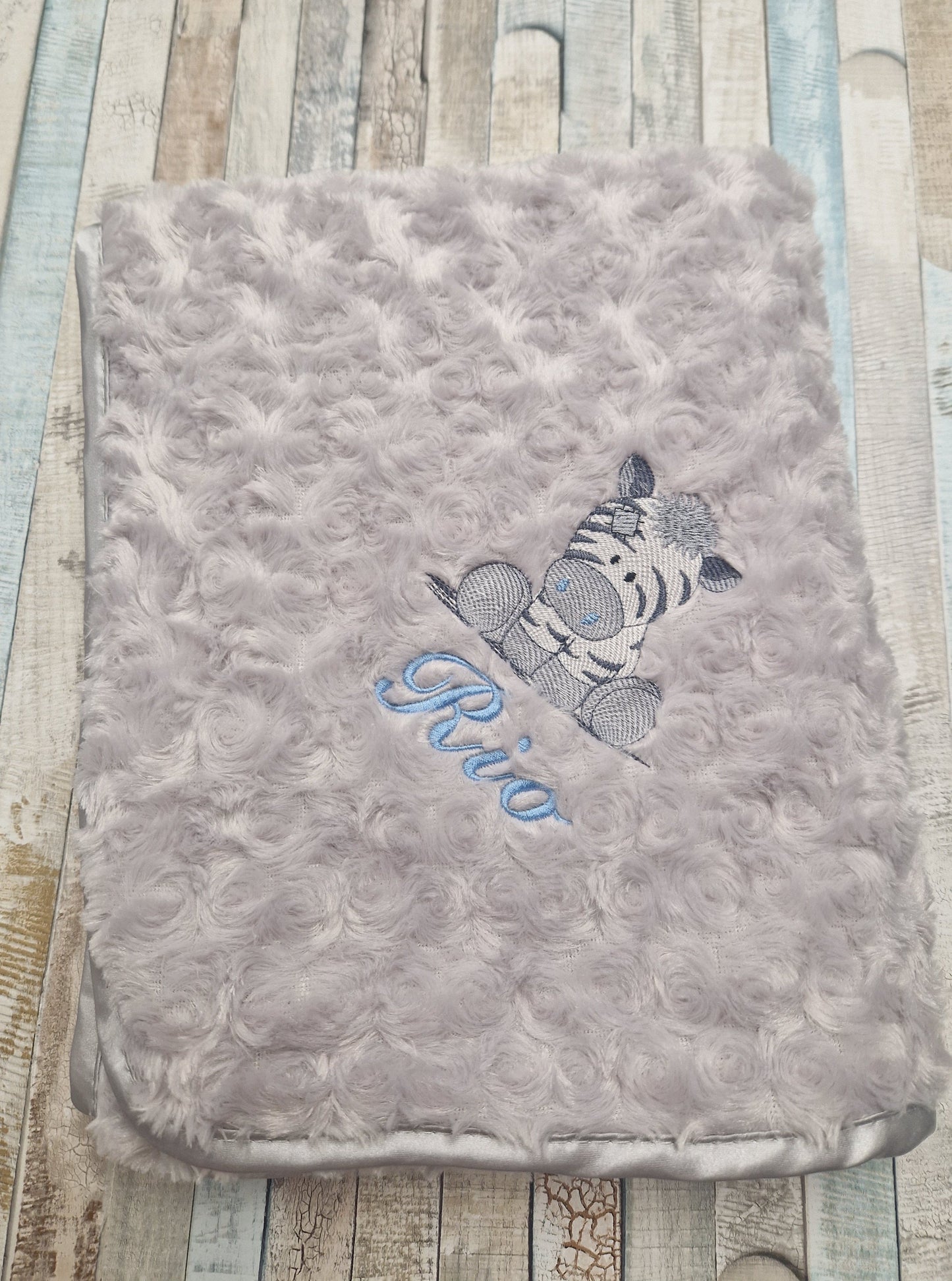 Baby Boys Personalised Blue Ziggy Zebra On Grey Soft Rose Wrap