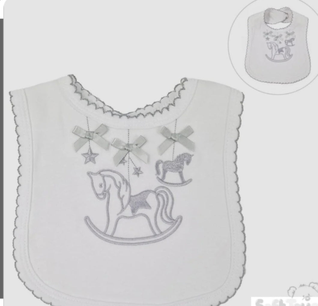 Unisex Baby White And Grey Rocking Horse Bib