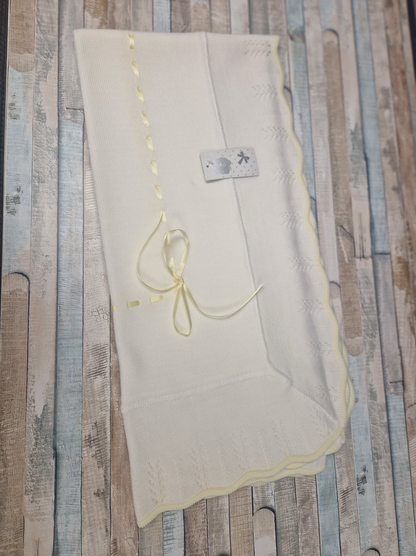 Unisex Baby White And Lemon Knitted Shawl With Lemon Satin Ribbon