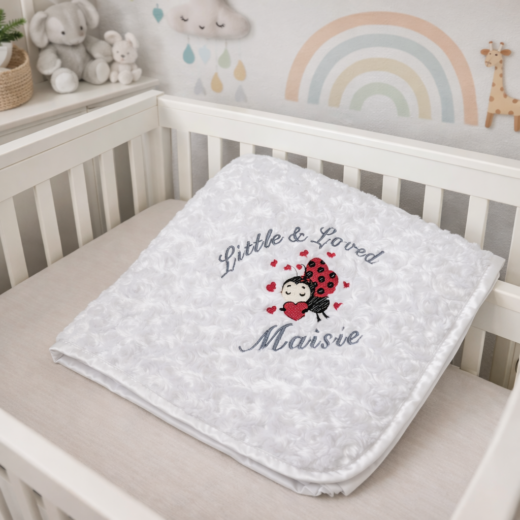 Personalised Little And Loved Ladybird Soft Rose White Wrap