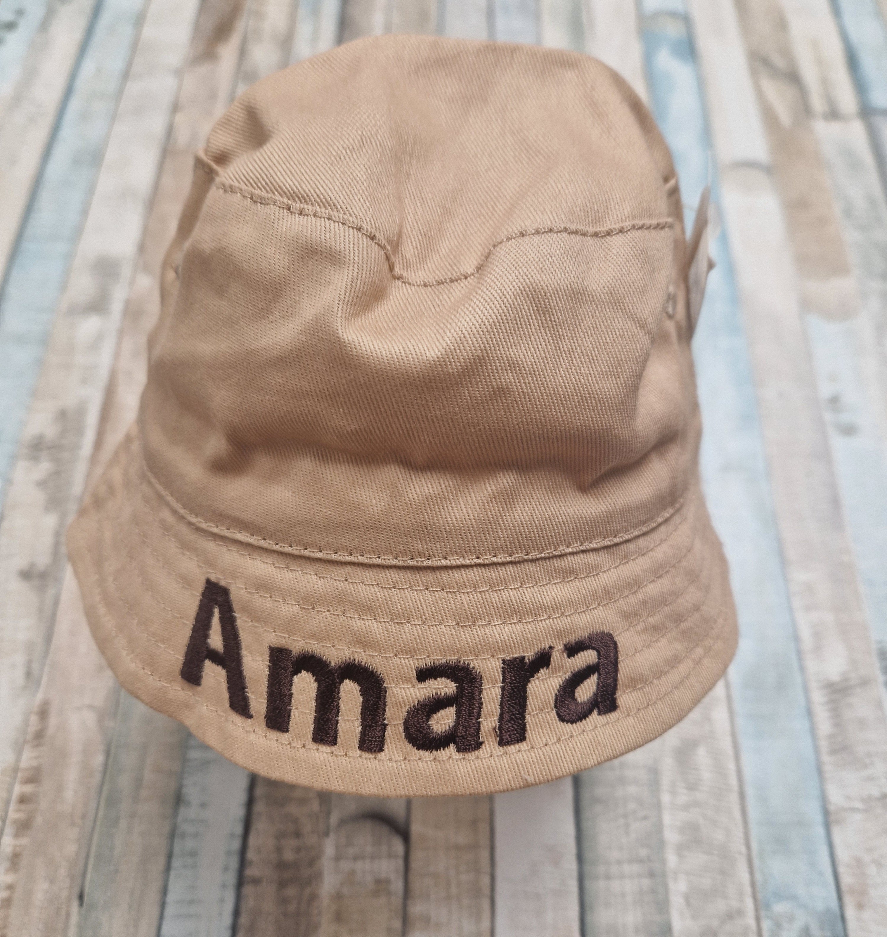 Personalised Boys Beige Bucket Hat With Chin Strap