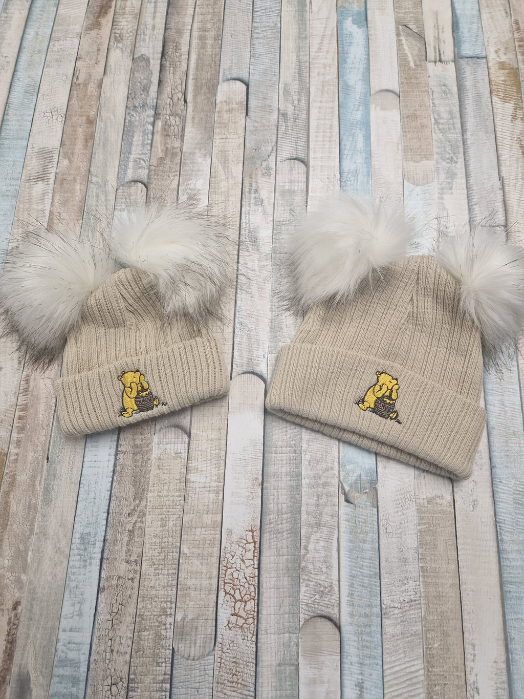 Unisex Baby Beige Double Fluffy Pom Pom Bear Hat