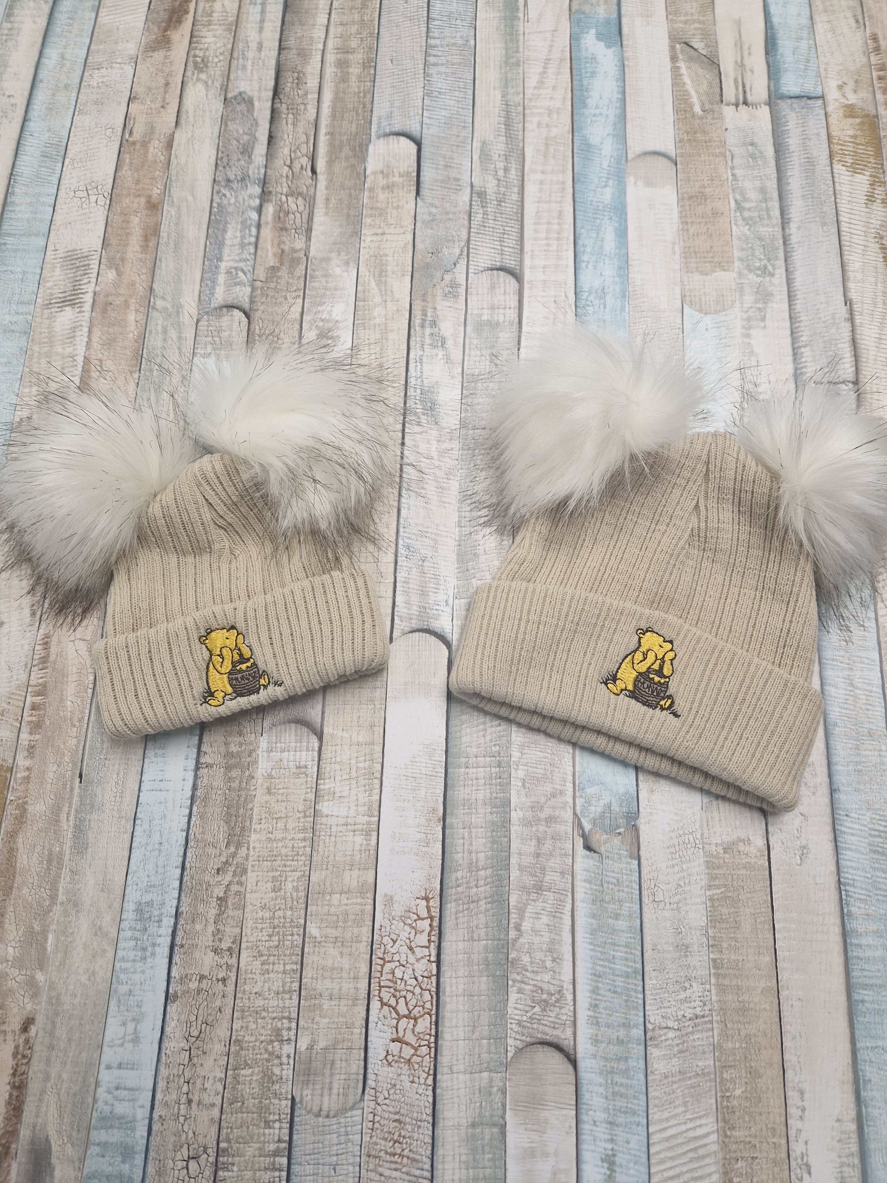 Unisex Baby Beige Double Fluffy Pom Pom Bear Hat