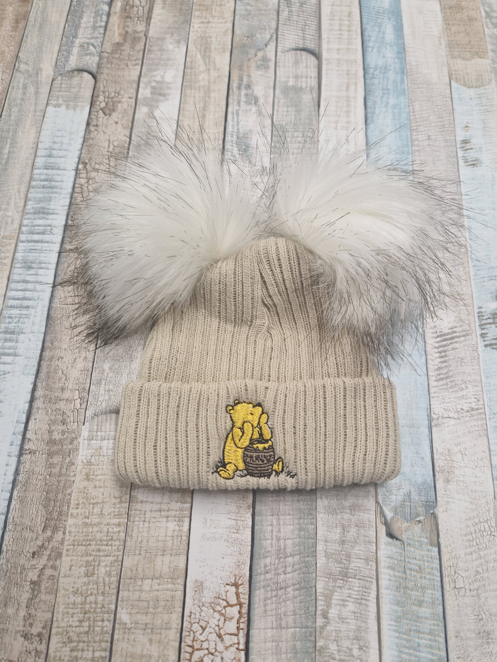 Unisex Baby Beige Double Fluffy Pom Pom Bear Hat