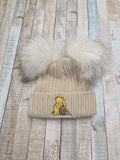 Unisex Baby Beige Double Fluffy Pom Pom Bear Hat