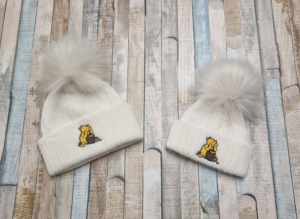 Unisex Baby White Single Fluffy Pom Pom Bear Hat