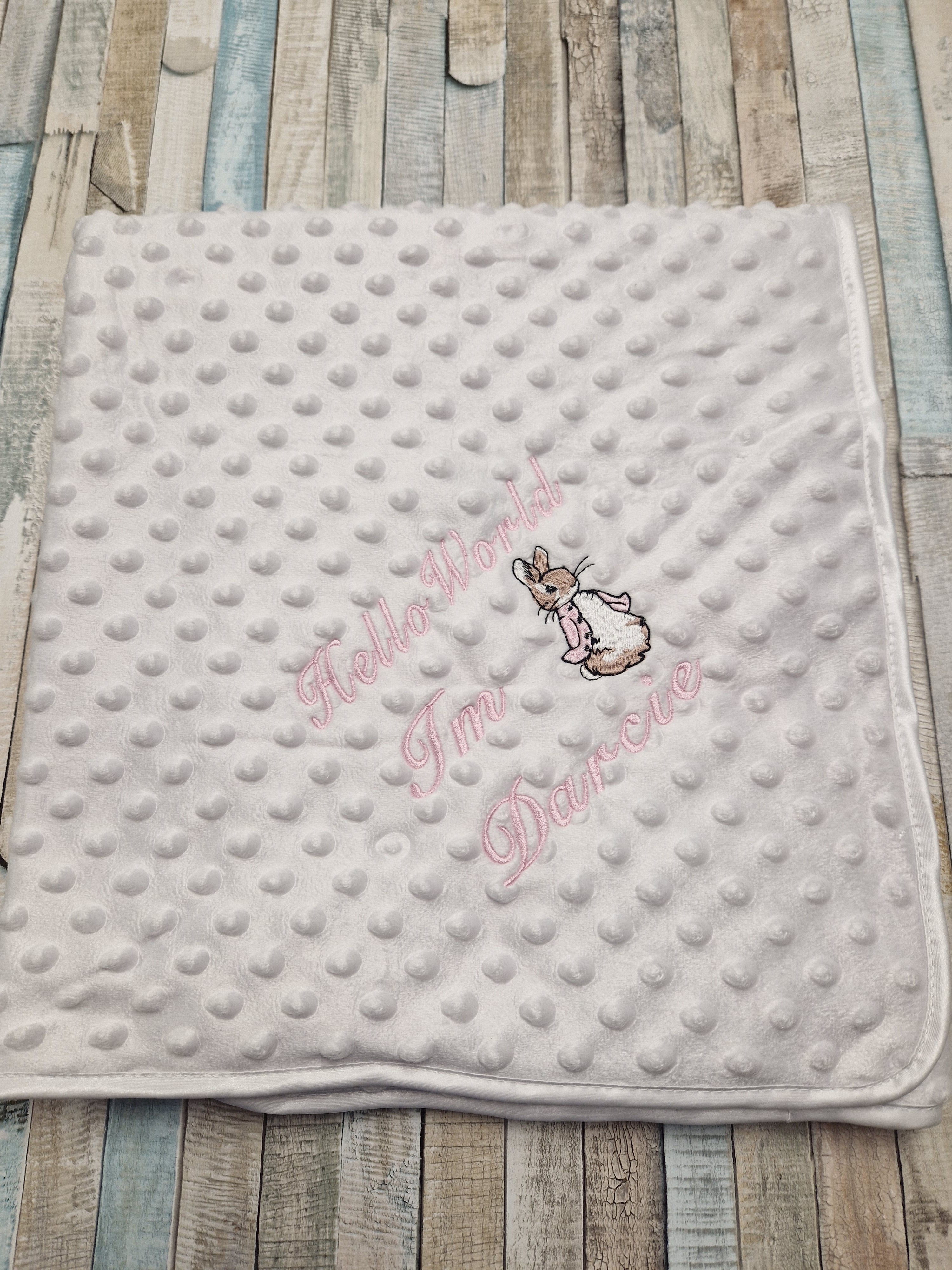 Personalised Hello World White Dimple Blanket/Wrap With Embroidered Pink Rabbit Design