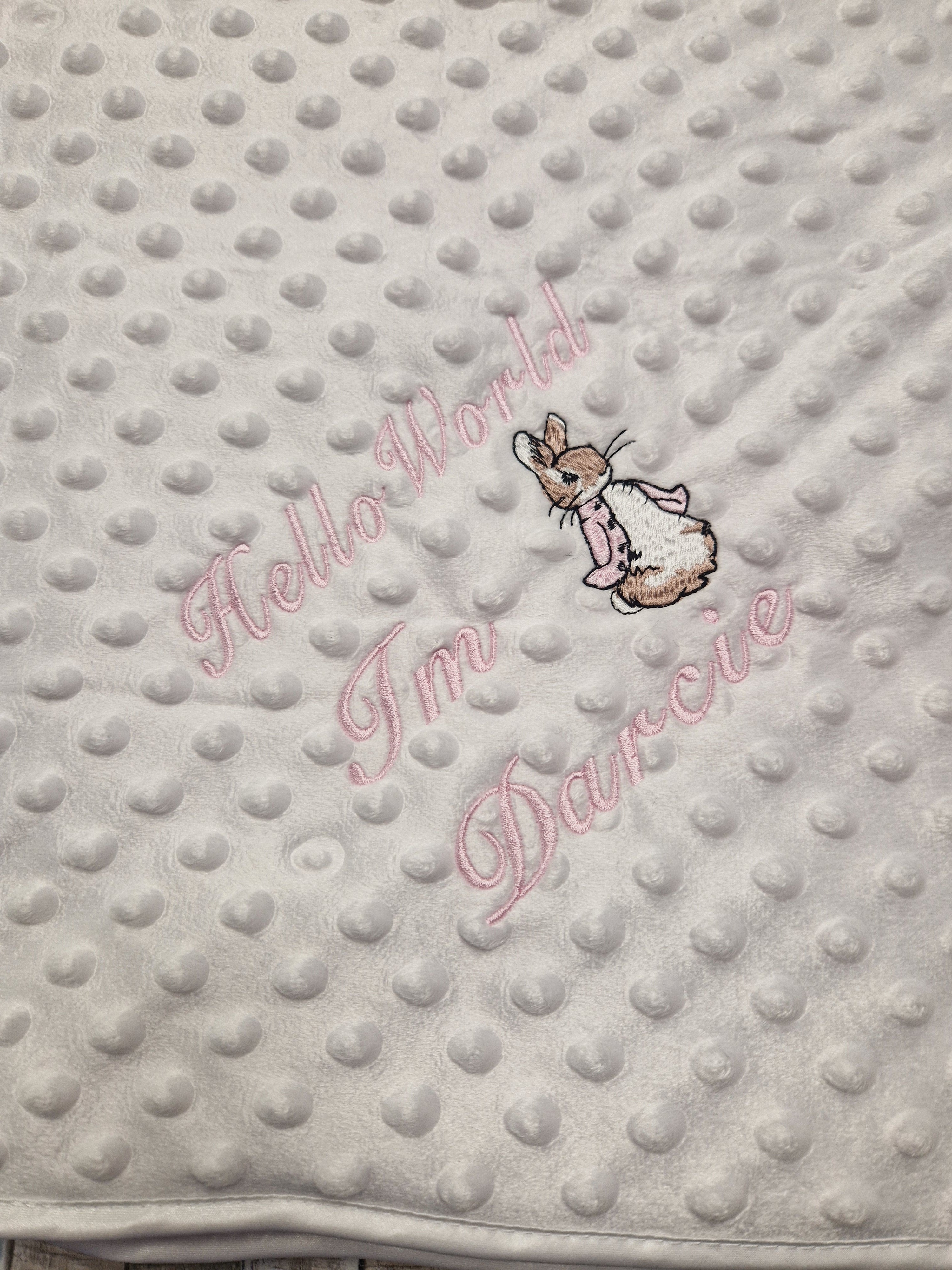 Personalised Hello World White Dimple Blanket/Wrap With Embroidered Pink Rabbit Design