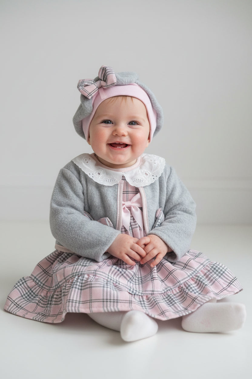 Baby Girls Pink And Grey Tartan Dress With Matching Jacket & Hat