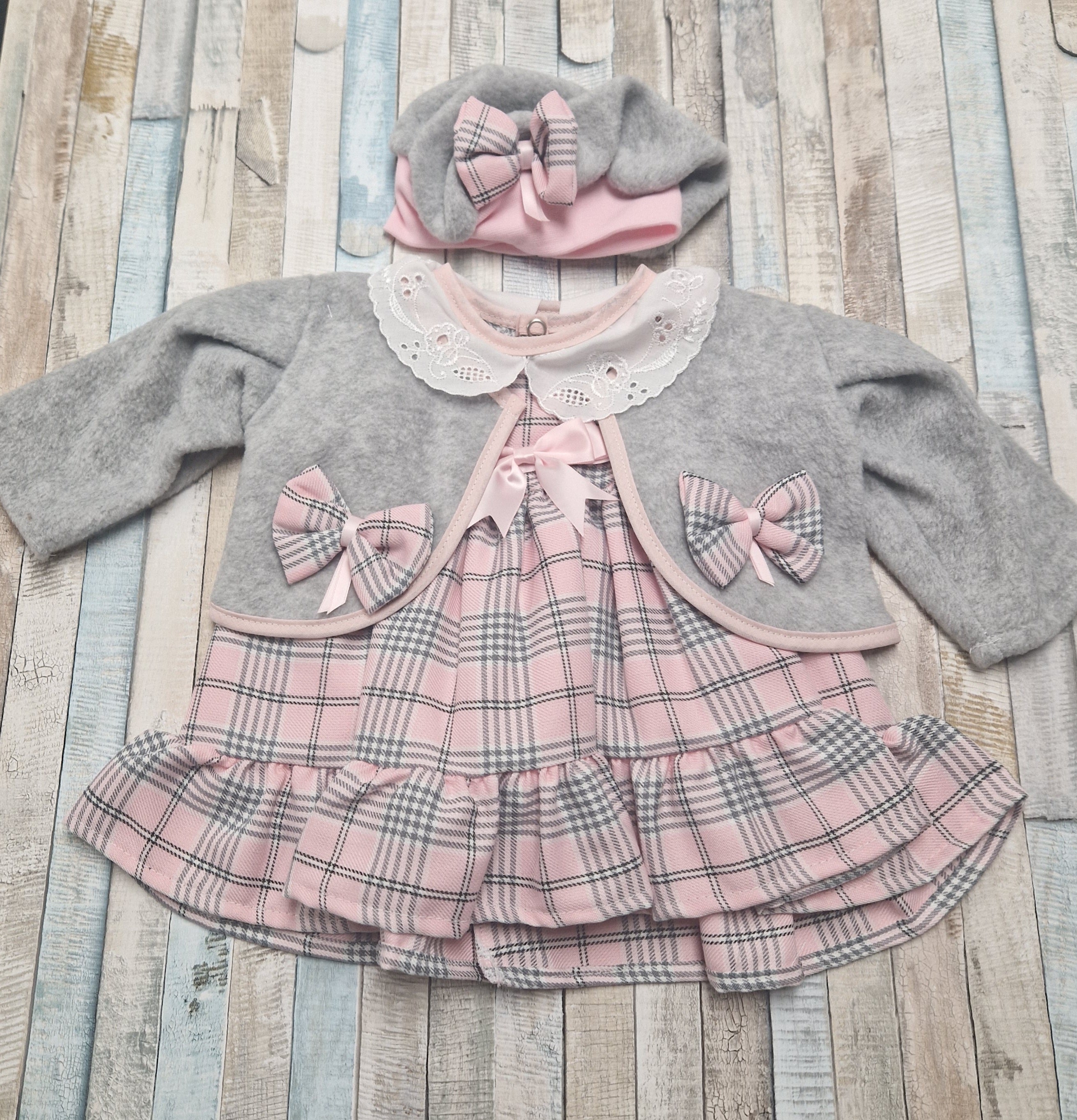 Baby Girls Pink And Grey Tartan Dress With Matching Jacket & Hat
