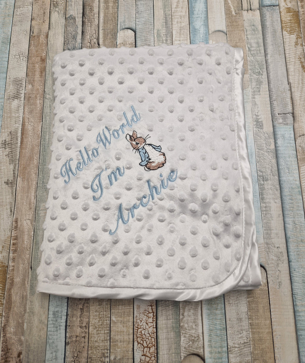 Personalised Hello World White Dimple Blanket/Wrap With Embroidered Blue Rabbit Design