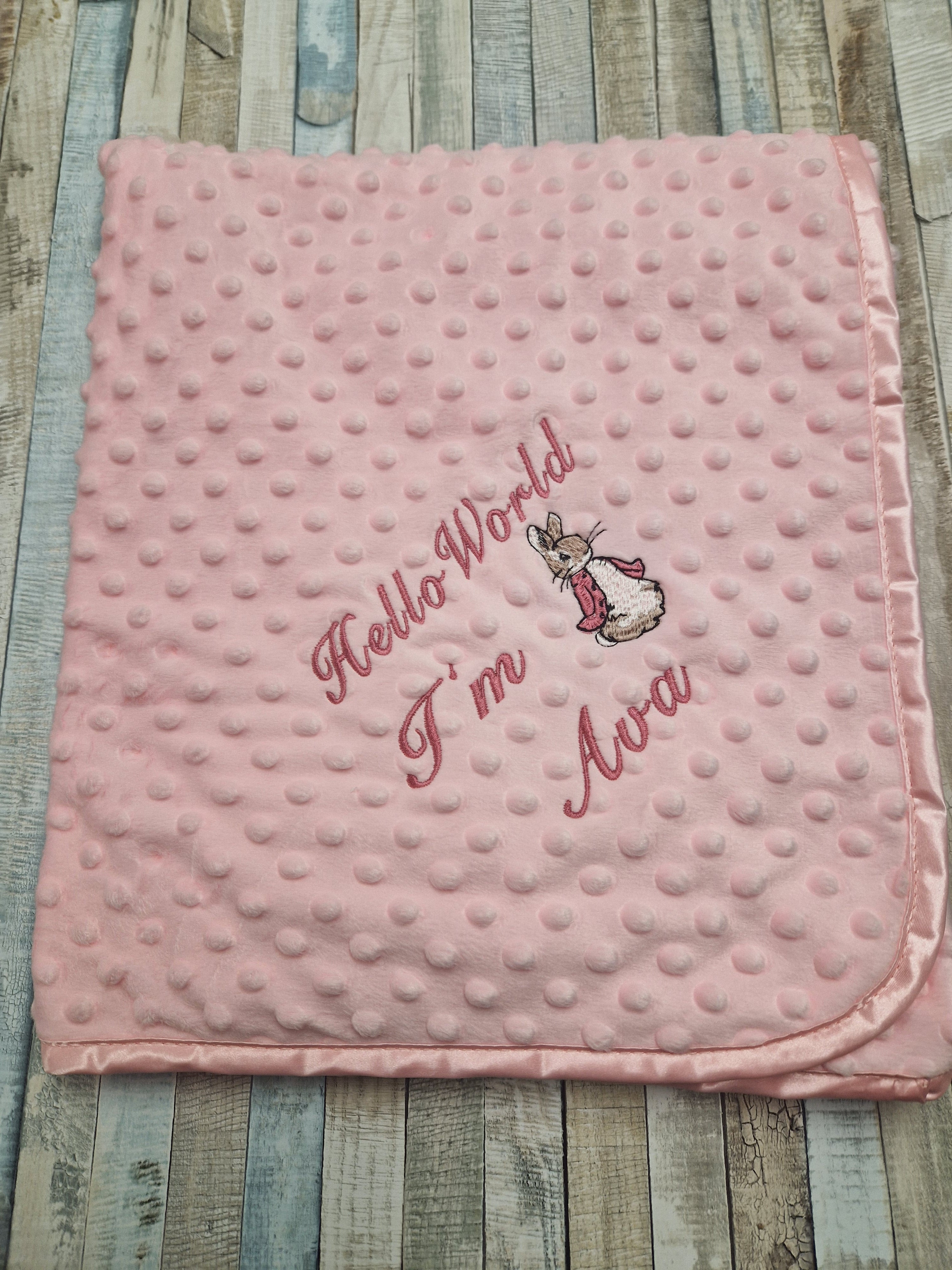 Personalised Hello World Pink Dimple Blanket/Wrap With Embroidered Pink Rabbit Design