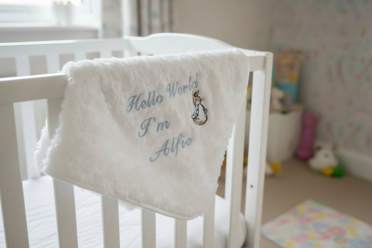 Personalised Hello World White Soft Rose Blanket/Wrap With Embroidered Blue Rabbit Design