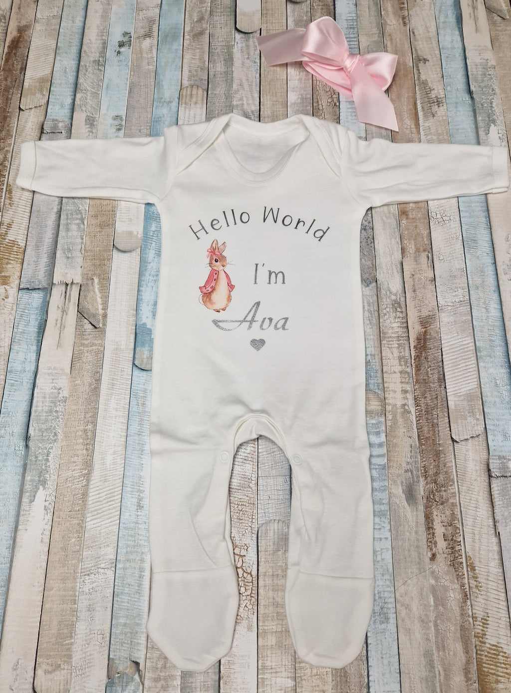 Baby Girls Newborn White Personalised Babygro With Printed Hello World  Pink Rabbit