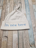 White Knotted Beanie With Printed Im New Here Newborn Baby Cotton Hat
