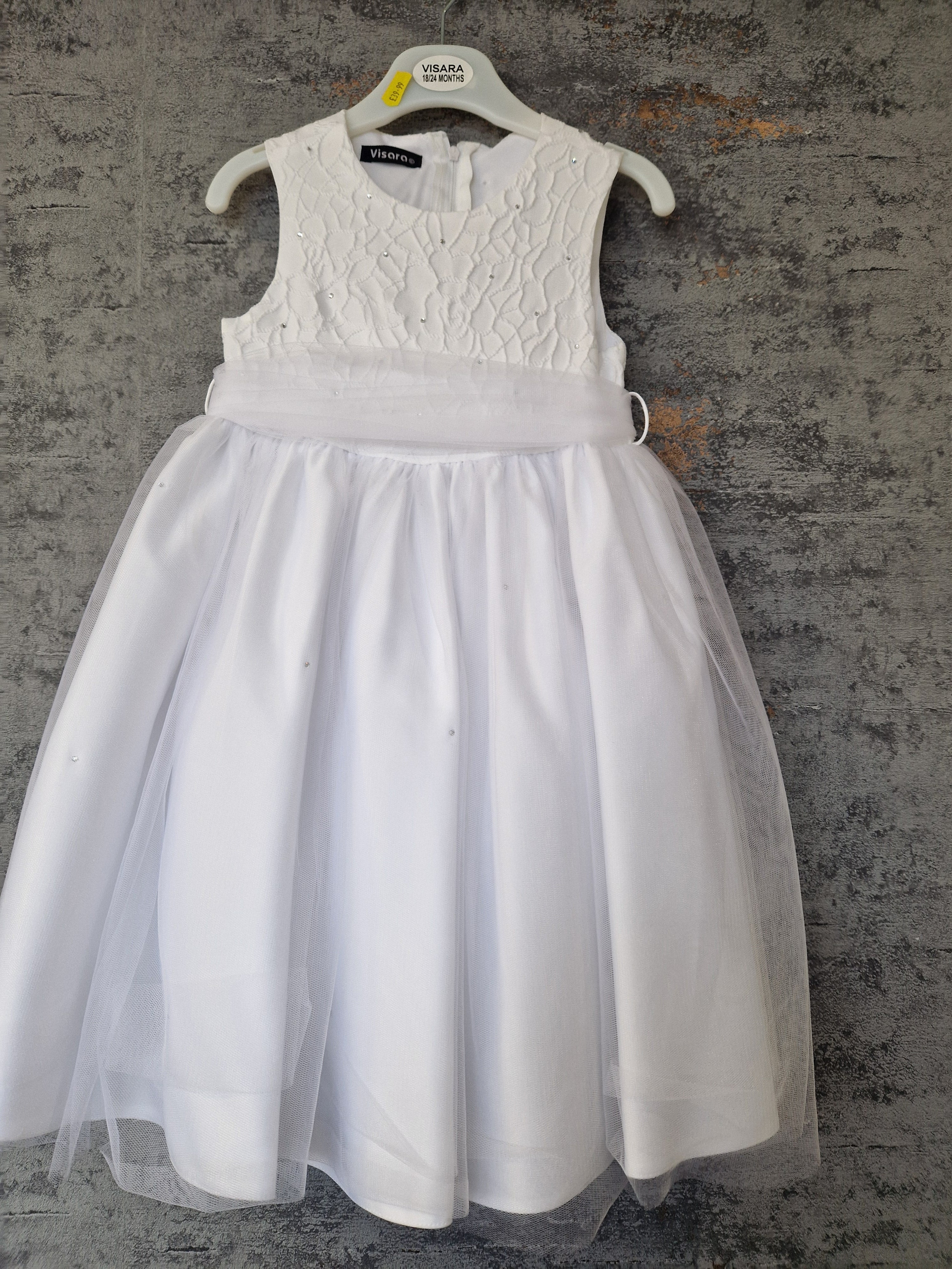 Girls White Sleeveless Dress With Diamante Detail