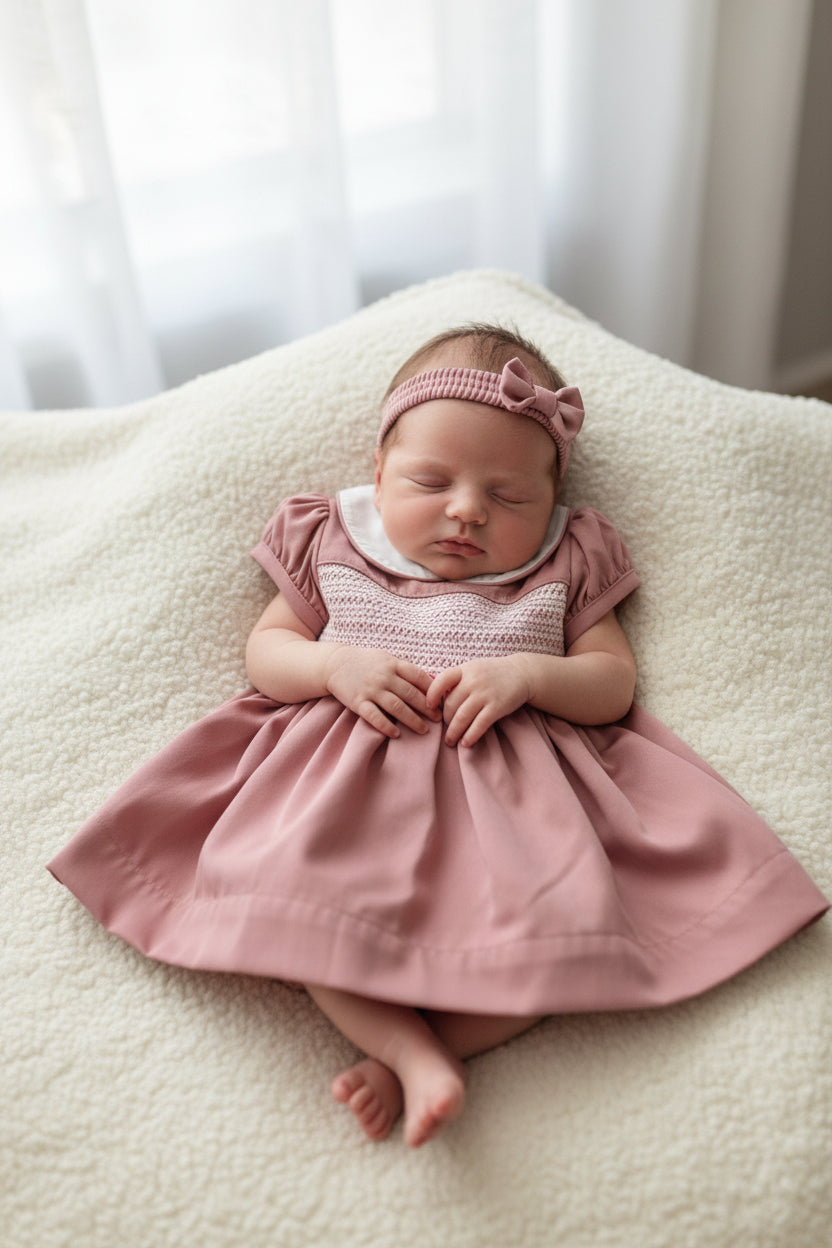 Baby Girls Pink Smocked Dress With Matching Pants And Headband