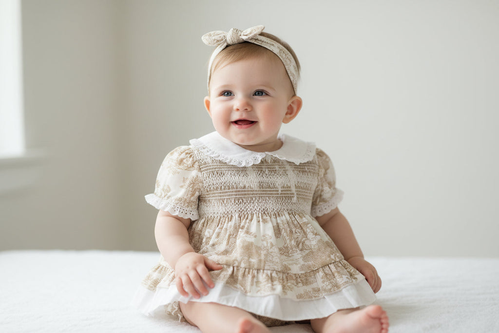Baby Girls Beige And White Smocked Dress With Matching Pants And Headband