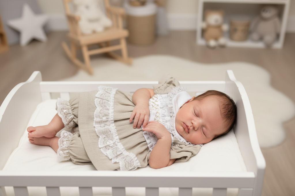 Baby Girls Beige Linen Smocked Lace Dress And Pants