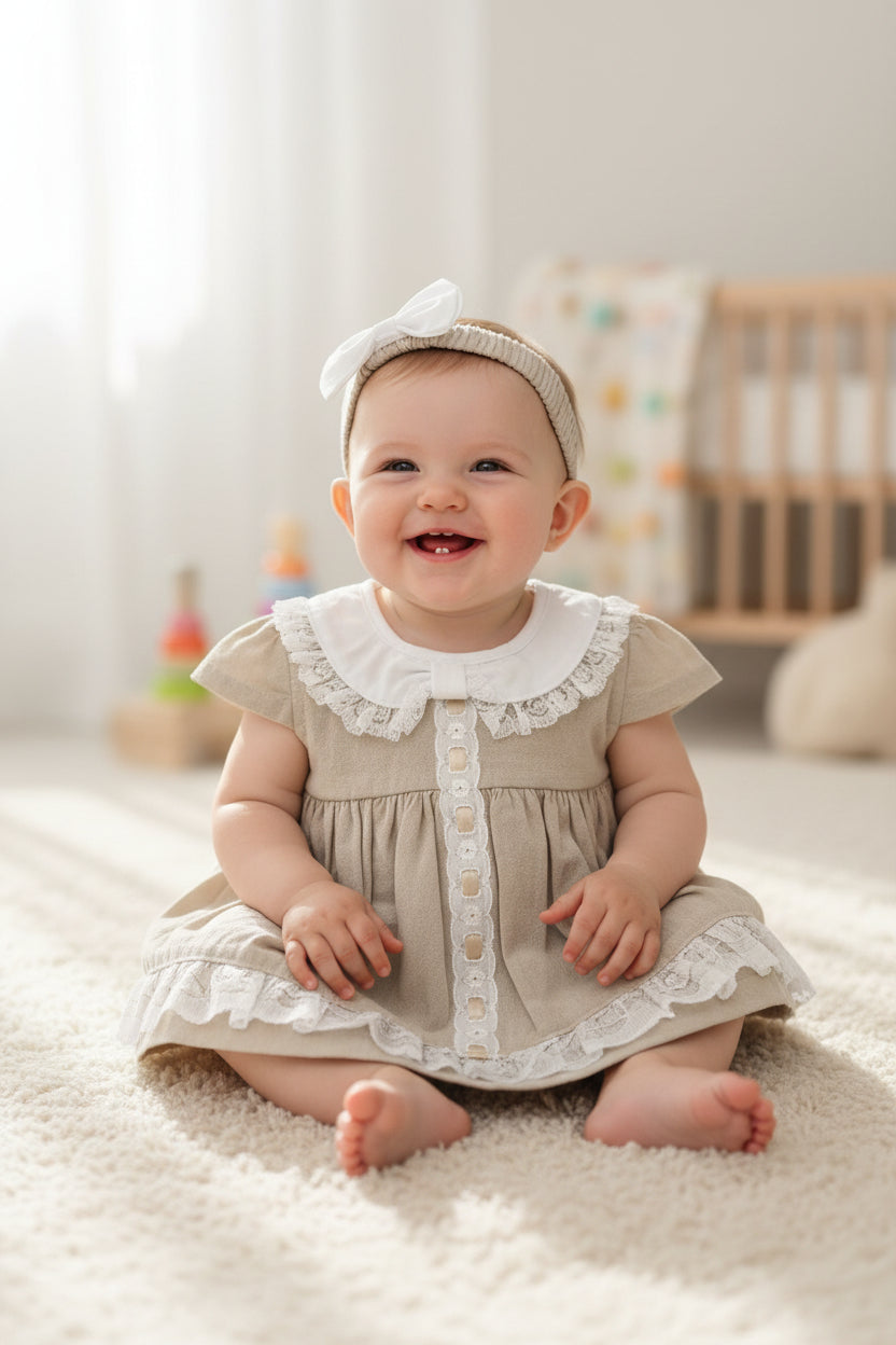 Baby Girls Beige And White Slotted Lace Dress And Pants