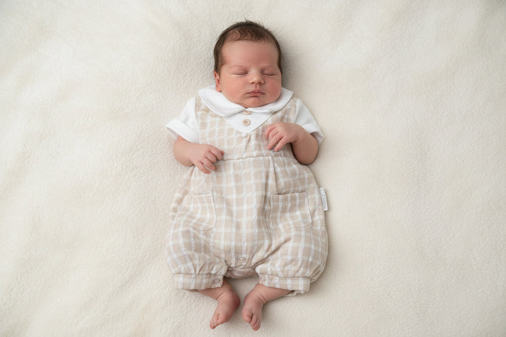 Baby Boys Beige And White Checked Rabbit Romper