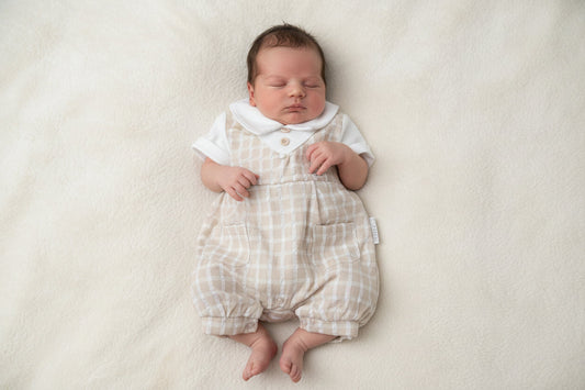 Baby Boys Beige And White Checked Rabbit Romper