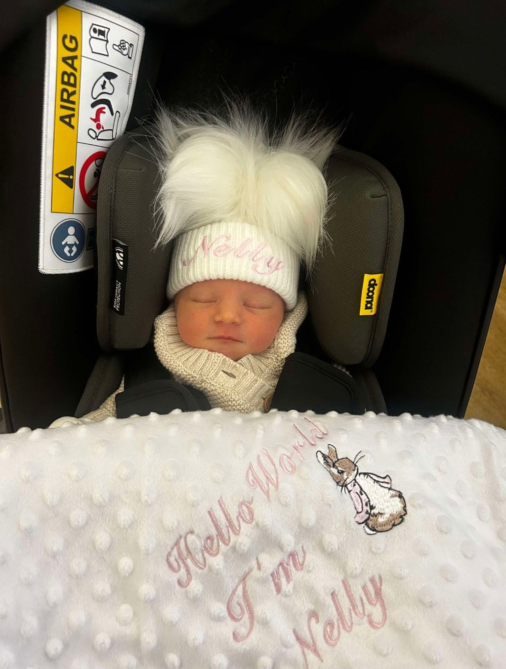 Personalised Hello World White Dimple Blanket/Wrap With Embroidered Pink Rabbit Design