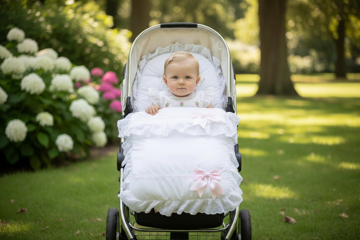 Baby Girls White Frill Universal Pushchair Footmuff/ Cosytoes With Pink Satin Side Bow