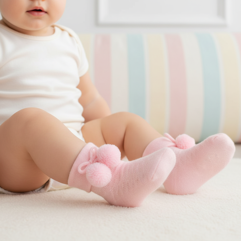 Baby Girls Pink Pom Pom Ankle Socks