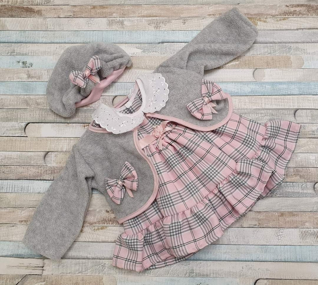 Baby Girls Pink And Grey Tartan Dress With Matching Jacket & Hat