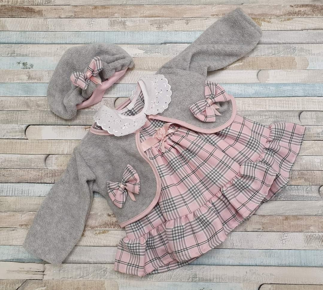 Baby Girls Pink And Grey Tartan Dress With Matching Jacket & Hat