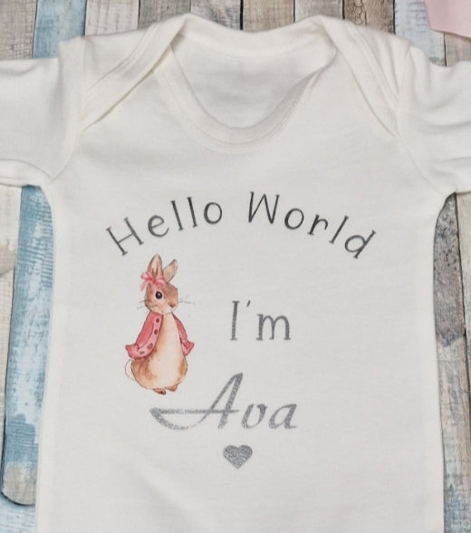 Baby Girls Newborn White Personalised Babygro With Printed Hello World  Pink Rabbit