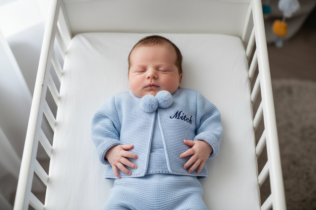 Personalised Baby Boys 2 Piece Blue Pom Pom Set