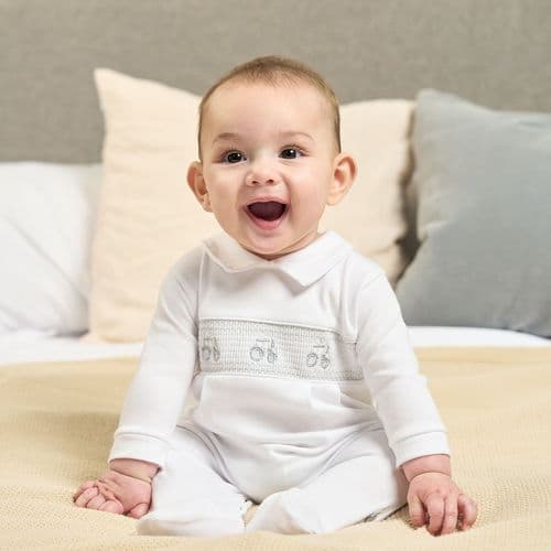 Baby Boys White Tractor Smocked Sleepsuit