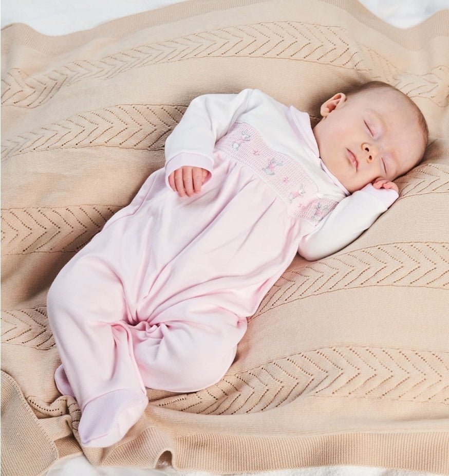 Baby Girls Pink & White Dandelion Smocked Rabbit Babygro