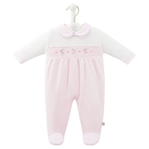 Baby Girls Pink & White Dandelion Smocked Rabbit Babygro