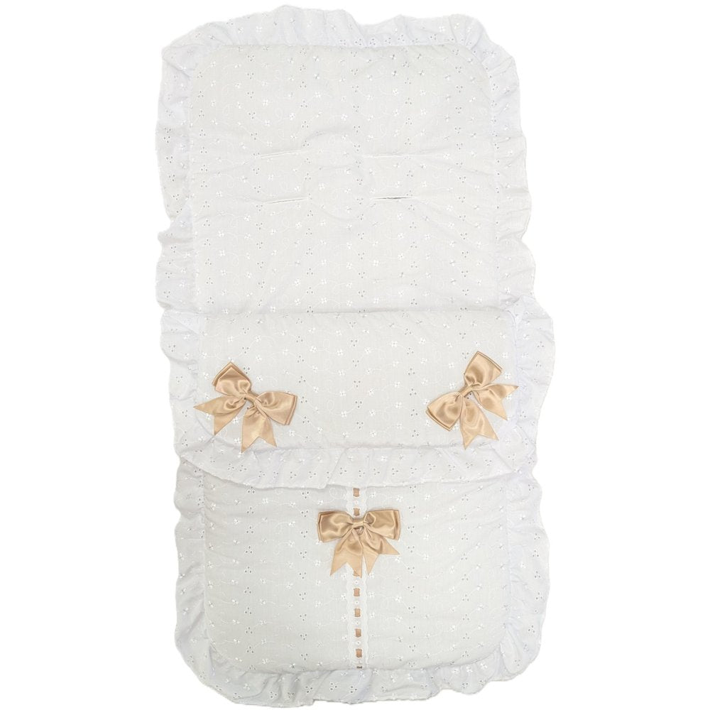 Unisex Baby White And Beige Broderie Anglaise  Universal Pushchair Footmuff/Cosytoes With Satin Bows