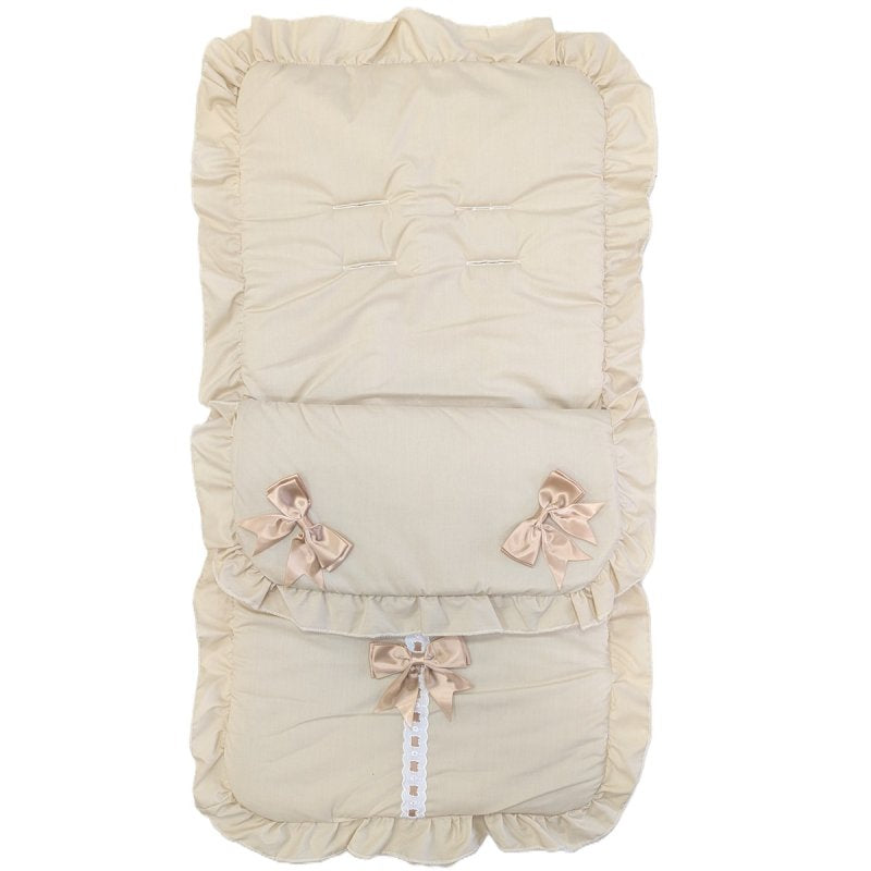 Unisex Baby Plain Beige Broderie Anglaise Trim Lace With Satin Bows Universal Pushchair Footmuff/Cosytoes