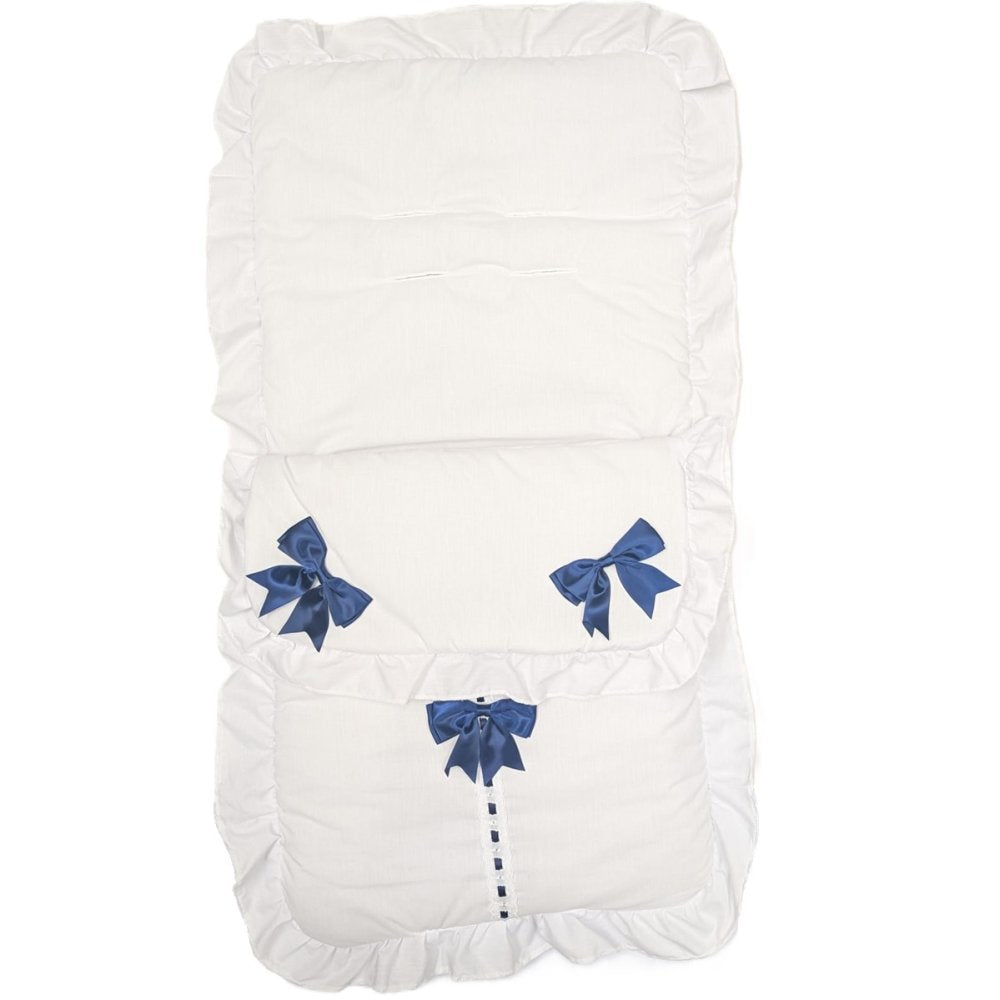 Unisex Baby Plain White And Navy Satin Bow Universal  Pushchair Cosytoes/Footmuff