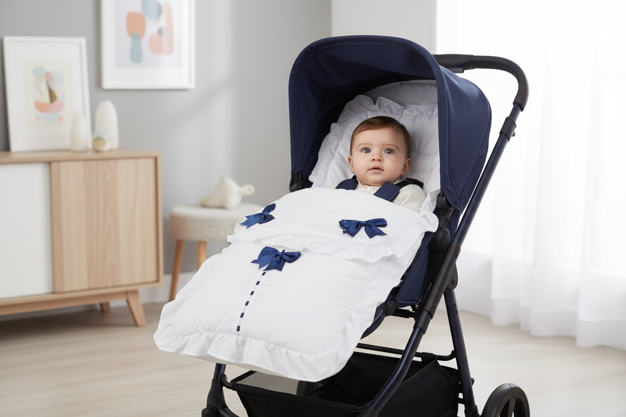 Unisex Baby Plain White And Navy Satin Bow Universal  Pushchair Cosytoes/Footmuff