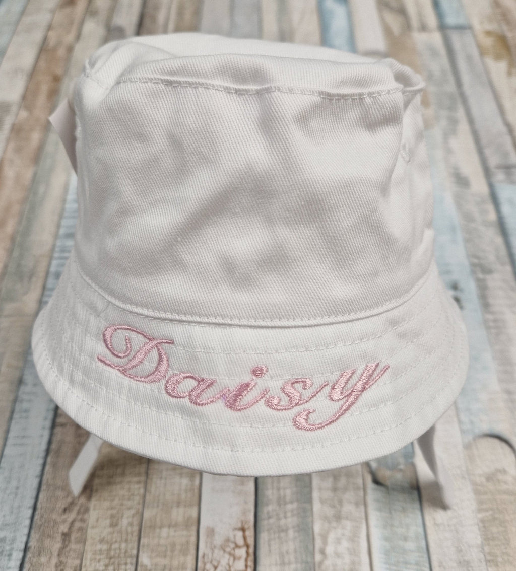 Personalised Baby White Cotton Bucket Hat With Chin Strap