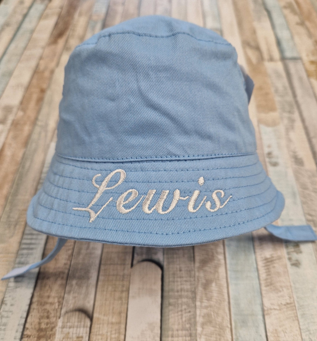 Personalised Baby Boys Blue Bucket Hat With Chin Strap