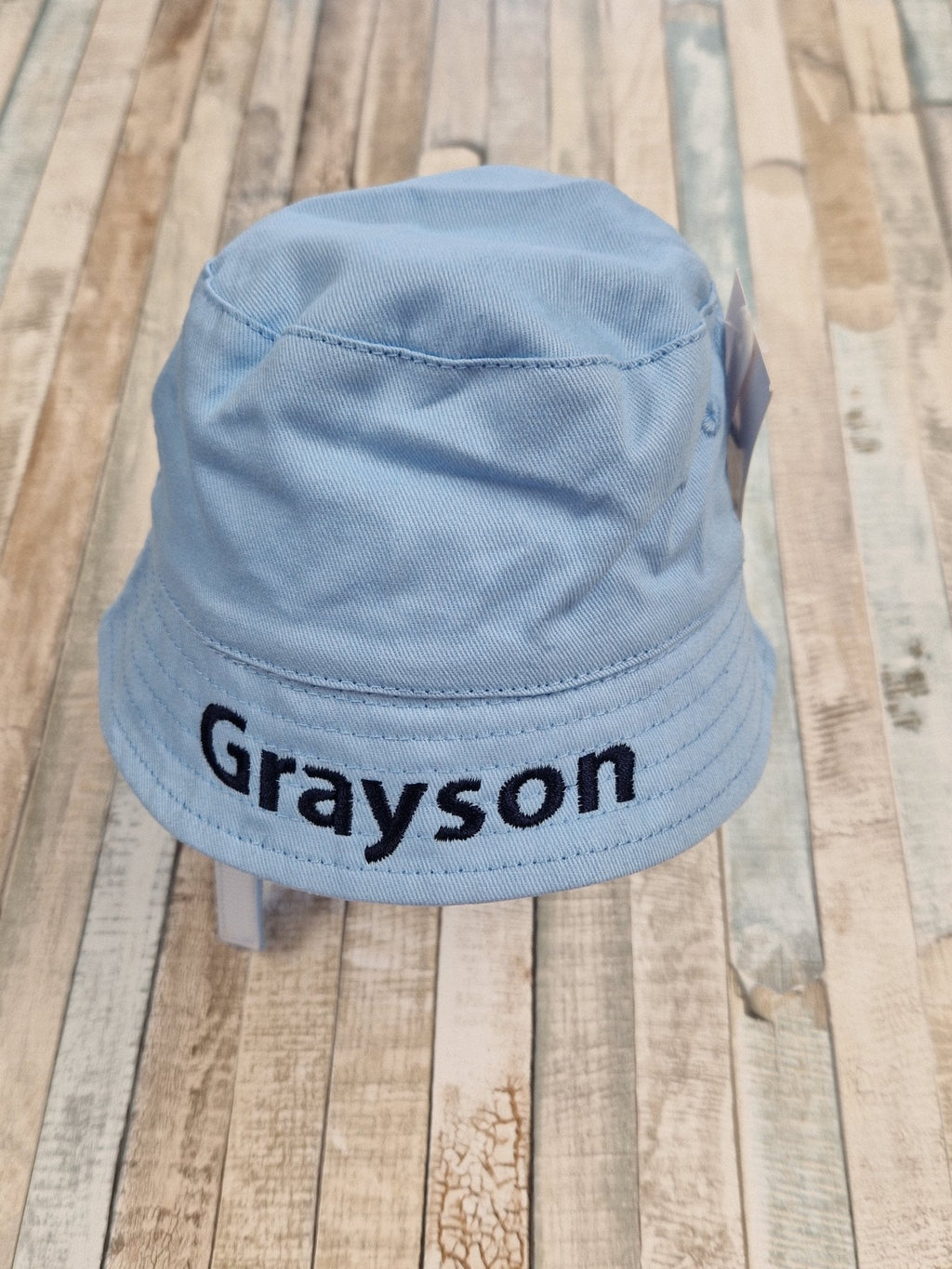Personalised Baby Boys Blue Bucket Hat With Chin Strap