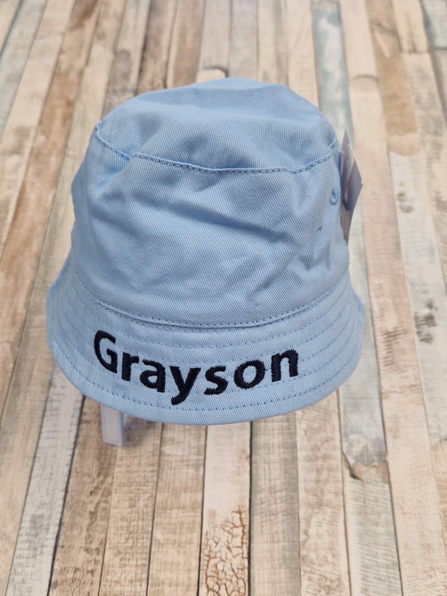 Personalised Baby Boys Blue Bucket Hat With Chin Strap